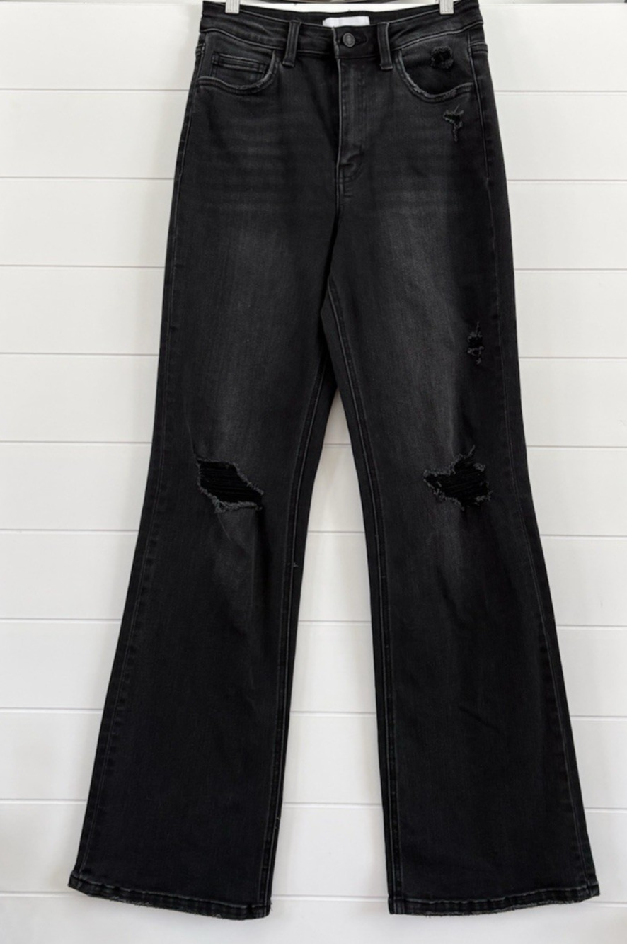 VERVET Leslie 90s Vintage Flare Jeans High Rise Distressed Black Stretch Sz 26
